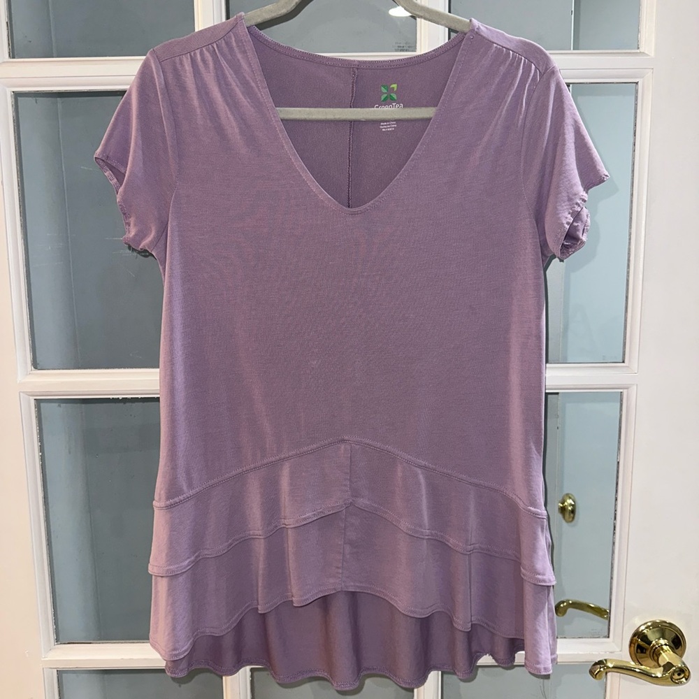 Womens Green Tea Orchid Short Sleeve Double Ruffle Hem Top Shirt Size S Knit
